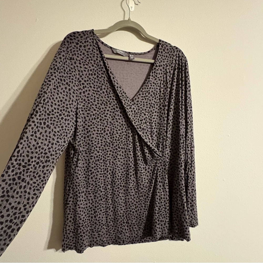 Lisa Rinna Collection Long Sleeve Black and Gray Polka Dot Wrap Top